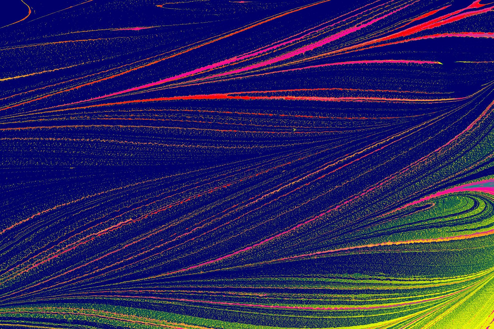 Colorful abstract pattern with vibrant lines on a textured blue background.