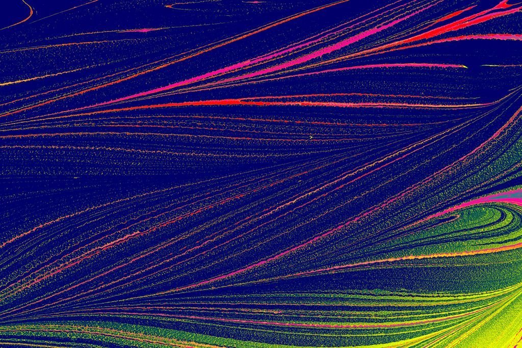 Colorful abstract pattern with vibrant lines on a textured blue background.